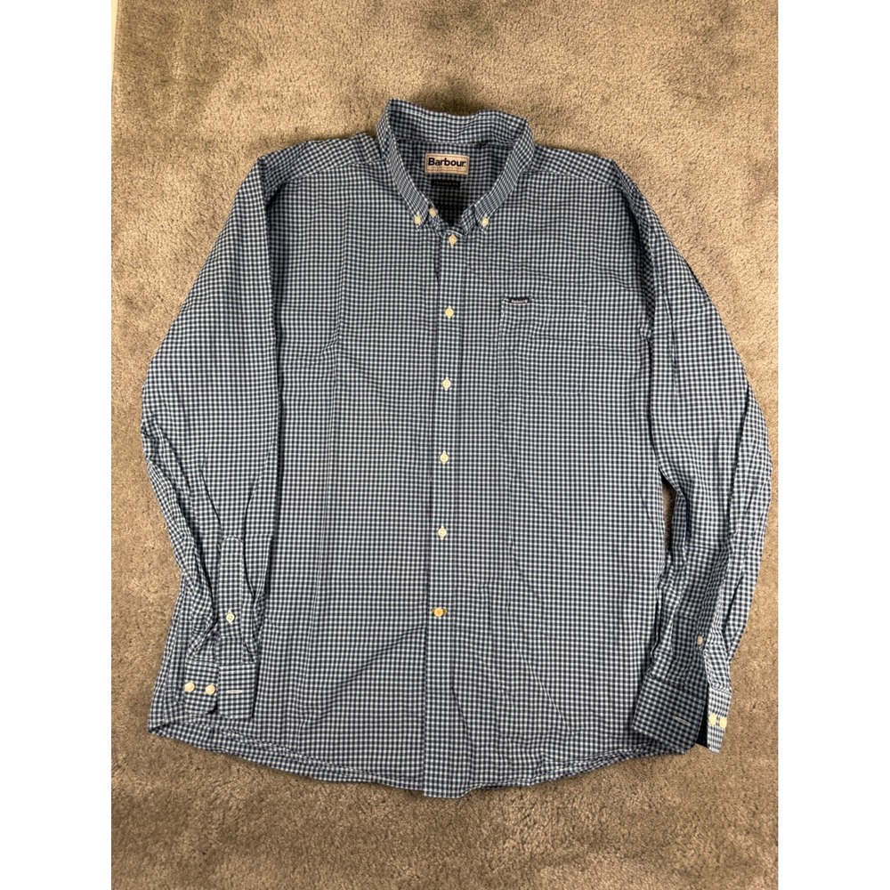 Barbour Meyer Shirt Mens XL Tailored Fit Blue Gingham Cotton Button Down MSH5107